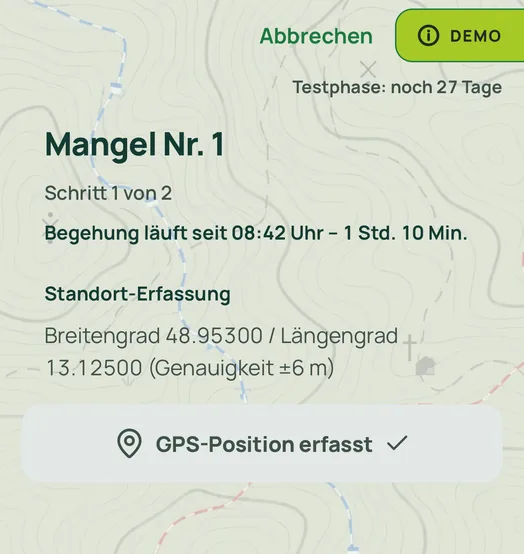 Screenshot der App: Standort-Erfassung mit Breitengrad, Längengrad und Genauigkeit
