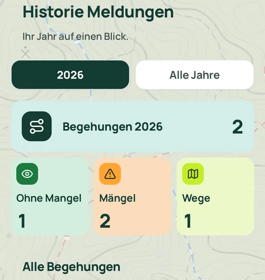 Screenshot der App: Historie mit Begehungen gesamt, ohne Mangel, Mängel und Wegen
