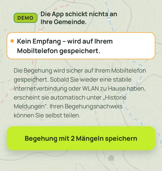 Screenshot der App: Kein Empfang, die Begehung wird auf dem Mobiltelefon gespeichert