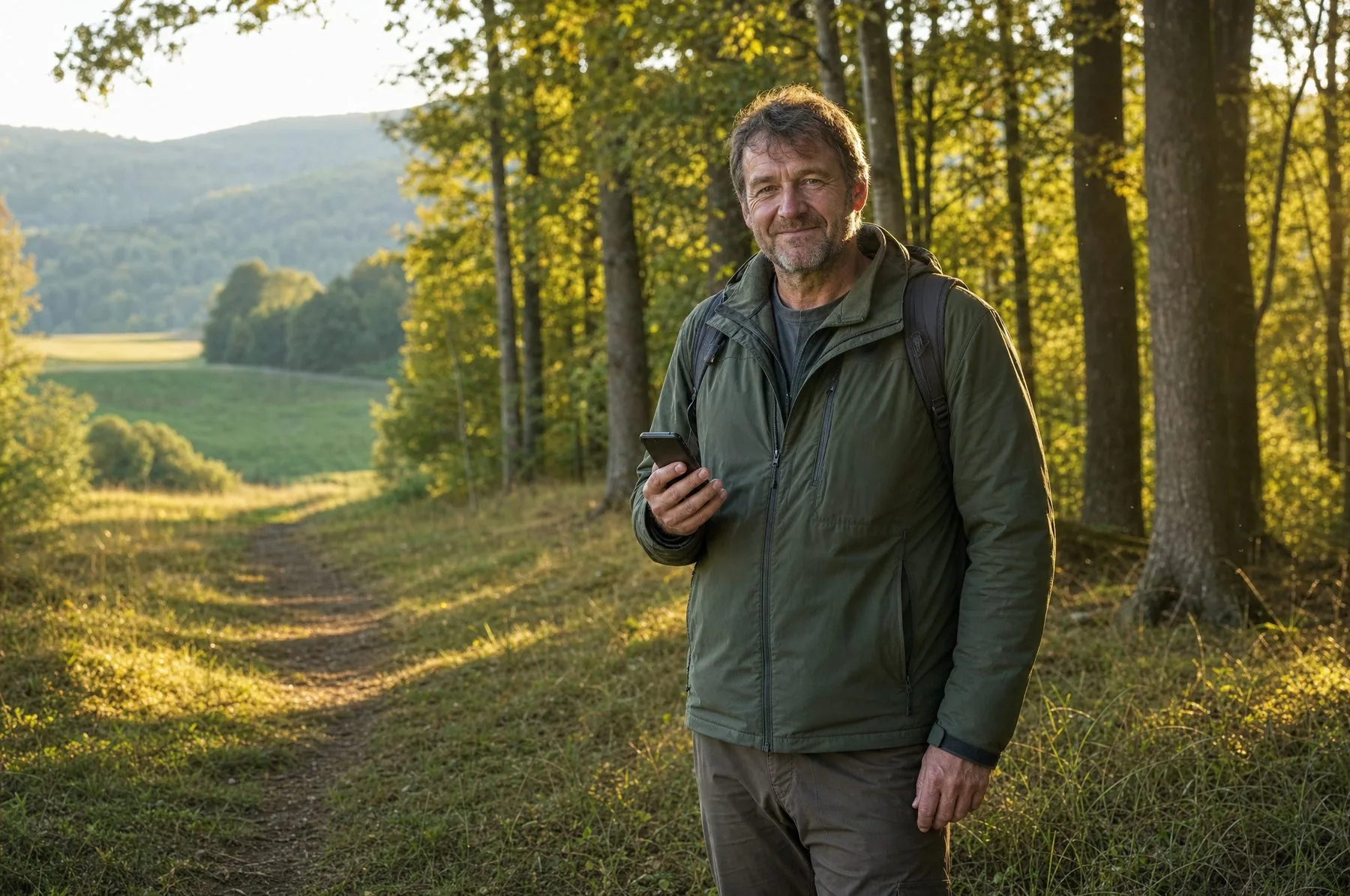 Wanderwegewart mit Mobiltelefon auf einem Wiesenweg am Waldrand