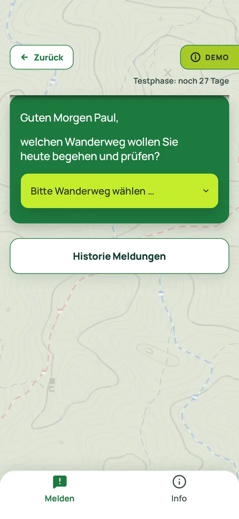 Screenshot der App: Wanderweg wählen