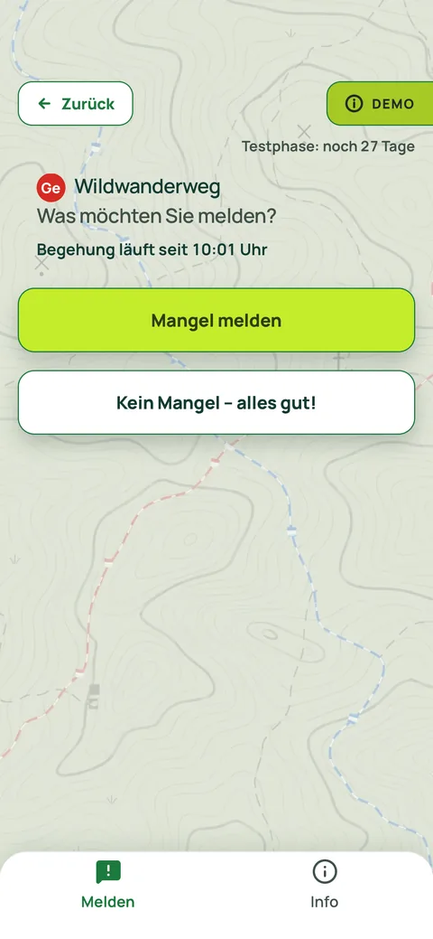 Screenshot der App: Wegwahl erledigt, Begehung läuft seit Uhrzeit, Auswahl Mangel melden oder Kein Mangel